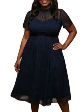 Bloomchic Plus Size 18-20 Shirred Mock Neck Midi Dress Navy Mesh Insert Pockets